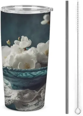 20 Oz Tumbler With Straw Leak Proof Thermos Cup, Flowers in Bowl Stainless Steel Insulated Travel Coffee Mug Fit for Car Cup Holder