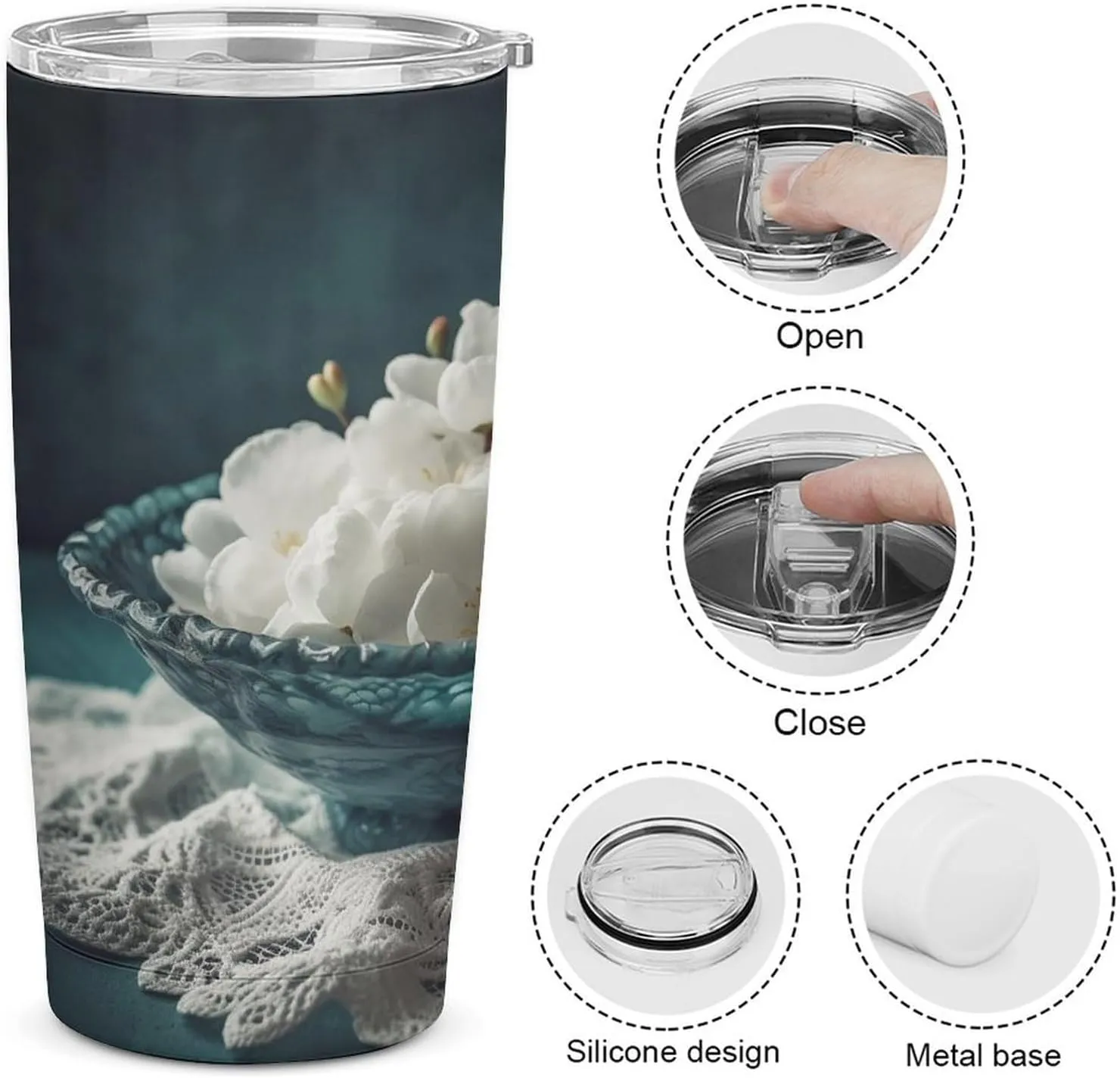 20 Oz Tumbler With Straw Leak Proof Thermos Cup, Flowers in Bowl Stainless Steel Insulated Travel Coffee Mug Fit for Car Cup Holder