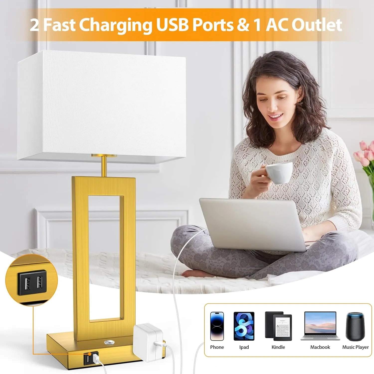 22 Touch Control Table Lamps Set of 2, 3 Color Temperatures Bedroom Bedside Lamps, Modern Gold Dimmable Lamps with USB Ports & AC Outlet, Tall Living Room Lamps for Nightstand End Table, 2 Bulbs
