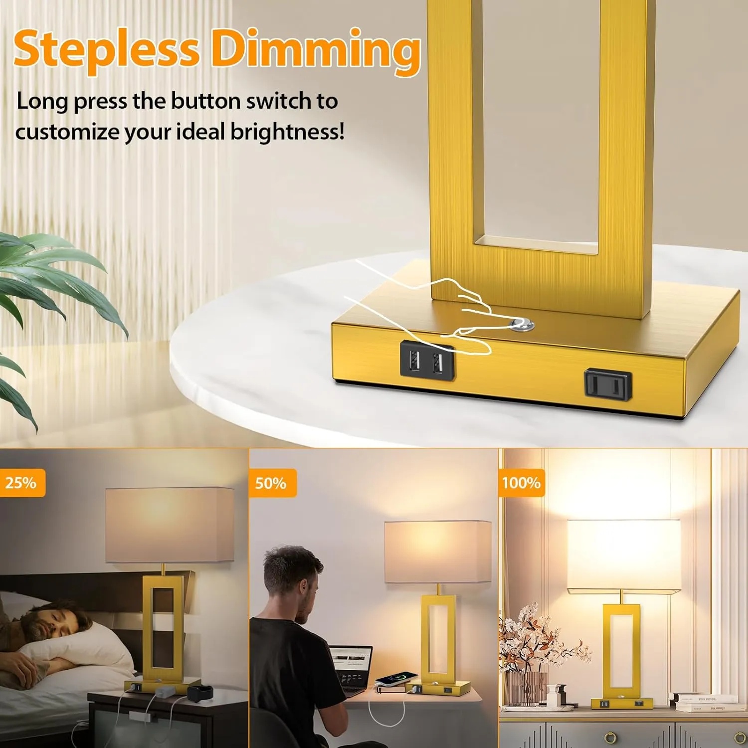 22 Touch Control Table Lamps Set of 2, 3 Color Temperatures Bedroom Bedside Lamps, Modern Gold Dimmable Lamps with USB Ports & AC Outlet, Tall Living Room Lamps for Nightstand End Table, 2 Bulbs
