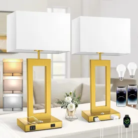 22 Touch Control Table Lamps Set of 2, 3 Color Temperatures Bedroom Bedside Lamps, Modern Gold Dimmable Lamps with USB Ports & AC Outlet, Tall Living Room Lamps for Nightstand End Table, 2 Bulbs