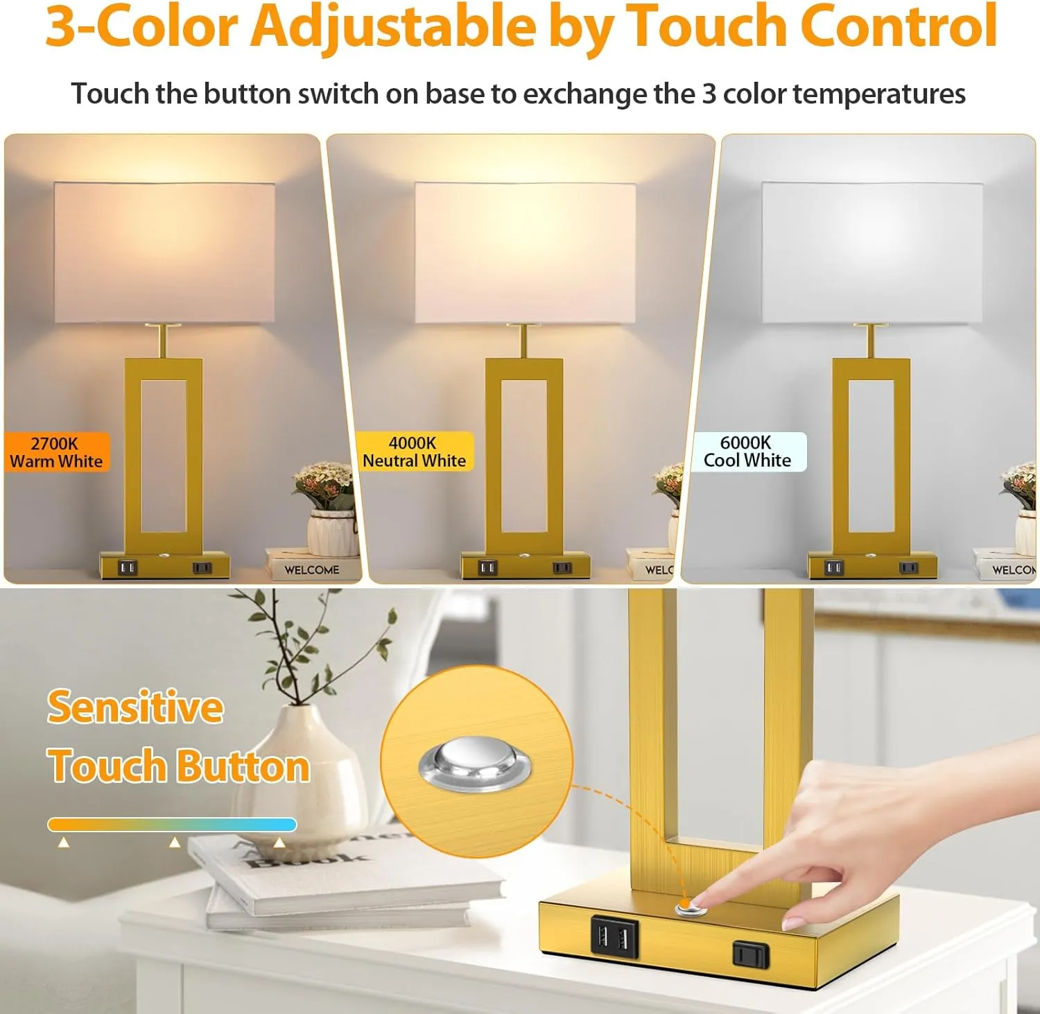 22 Touch Control Table Lamps Set of 2, 3 Color Temperatures Bedroom Bedside Lamps, Modern Gold Dimmable Lamps with USB Ports & AC Outlet, Tall Living Room Lamps for Nightstand End Table, 2 Bulbs