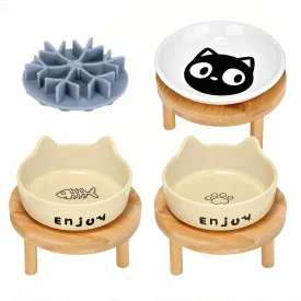 3PCS Elevated Cat Bowls with Silicone Slow Food Dispenser,Wide Raised Ceramic Cat Dishes with Bamboo Stand, Whisker Friendly Pet Water or Food Plates Feeding Station for Indoor Cats, Kitten