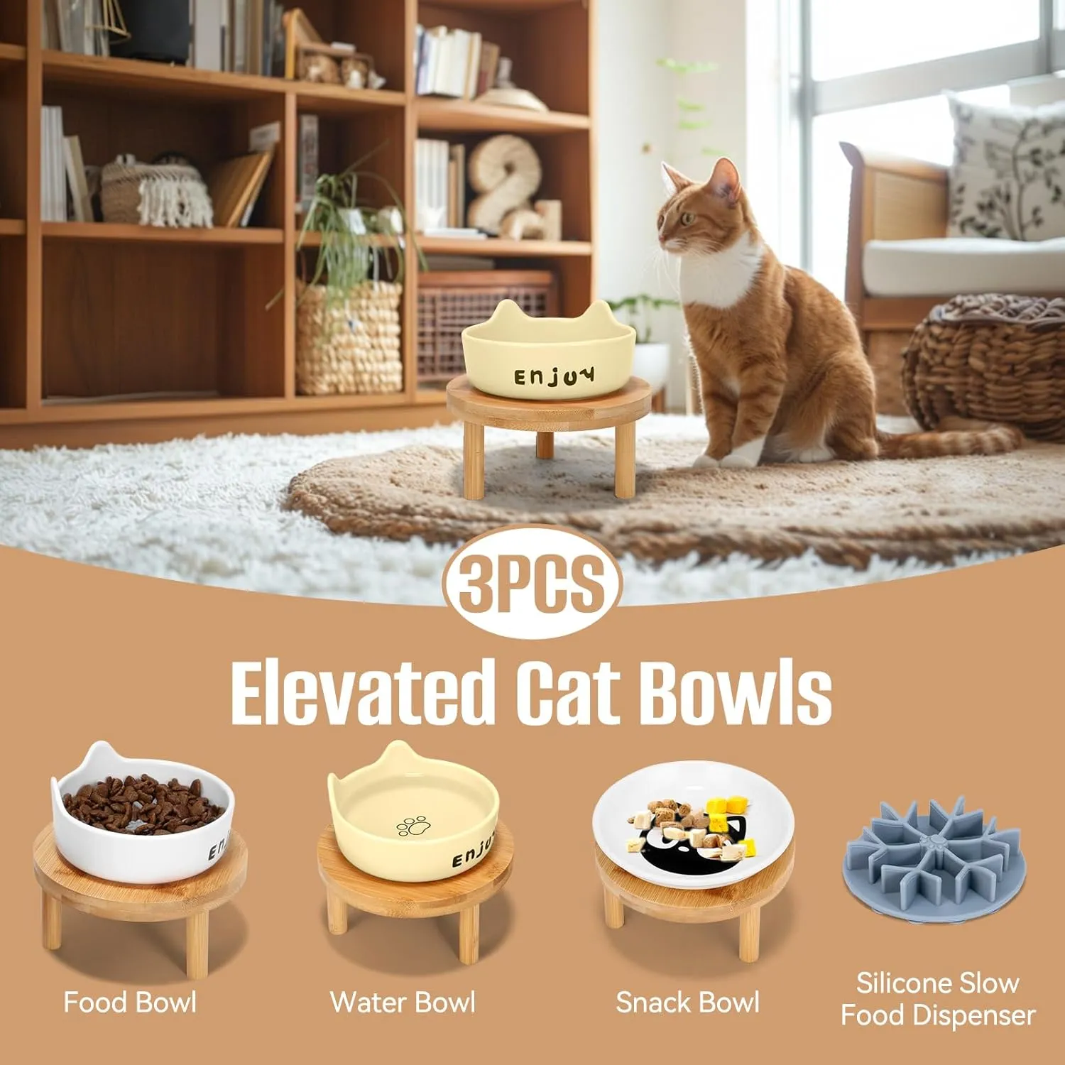 3PCS Elevated Cat Bowls with Silicone Slow Food Dispenser,Wide Raised Ceramic Cat Dishes with Bamboo Stand, Whisker Friendly Pet Water or Food Plates Feeding Station for Indoor Cats, Kitten
