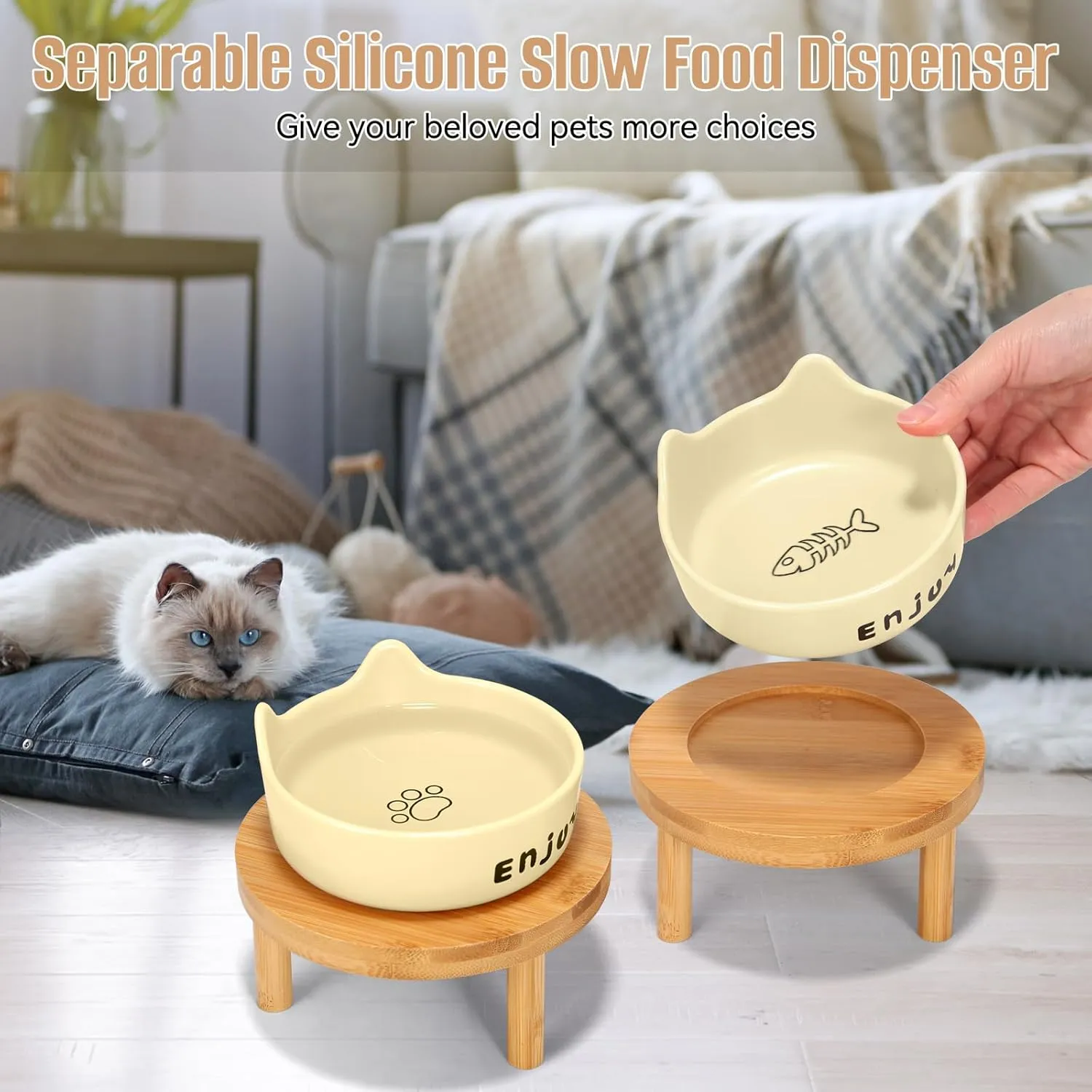 3PCS Elevated Cat Bowls with Silicone Slow Food Dispenser,Wide Raised Ceramic Cat Dishes with Bamboo Stand, Whisker Friendly Pet Water or Food Plates Feeding Station for Indoor Cats, Kitten