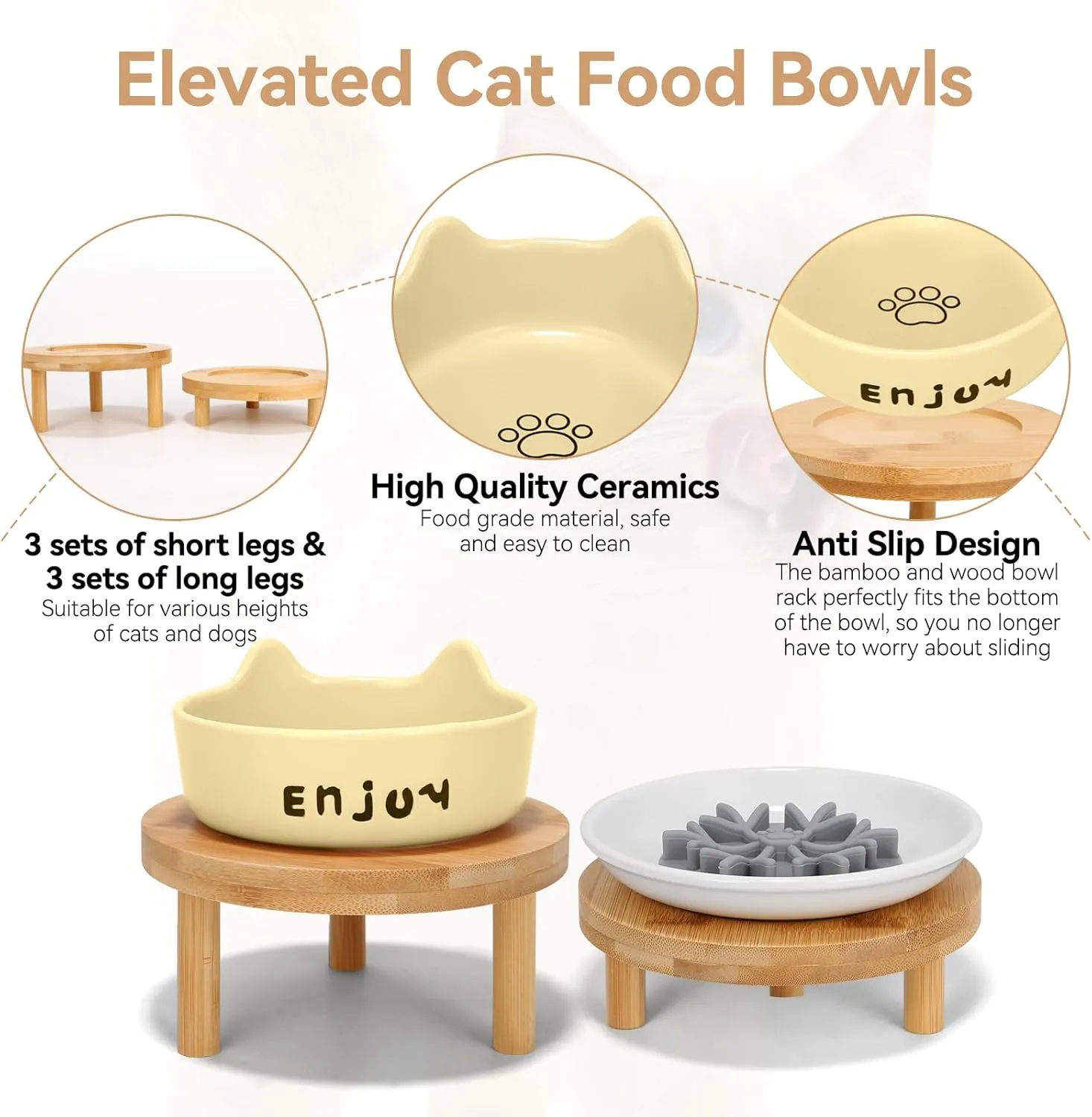 3PCS Elevated Cat Bowls with Silicone Slow Food Dispenser,Wide Raised Ceramic Cat Dishes with Bamboo Stand, Whisker Friendly Pet Water or Food Plates Feeding Station for Indoor Cats, Kitten