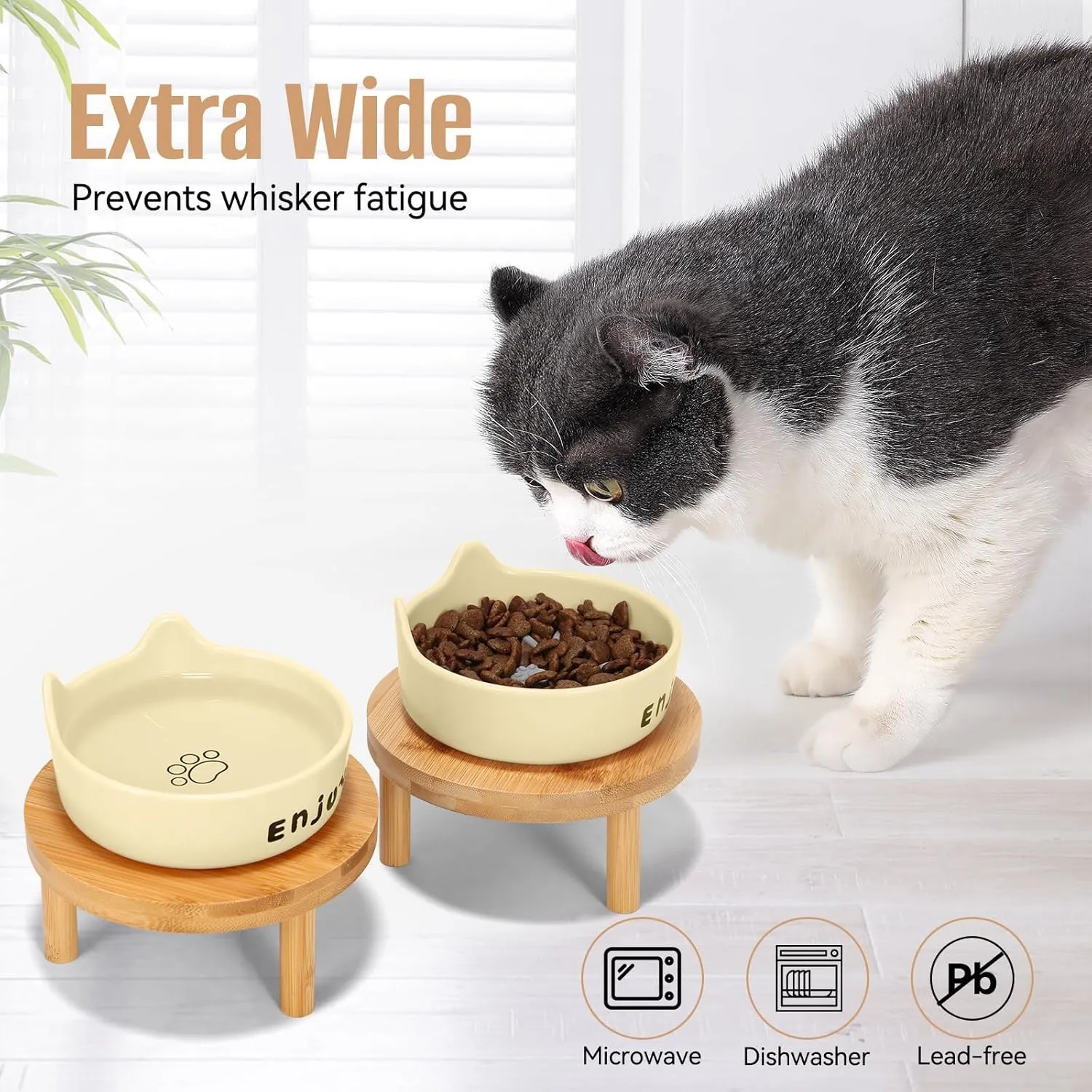 3PCS Elevated Cat Bowls with Silicone Slow Food Dispenser,Wide Raised Ceramic Cat Dishes with Bamboo Stand, Whisker Friendly Pet Water or Food Plates Feeding Station for Indoor Cats, Kitten