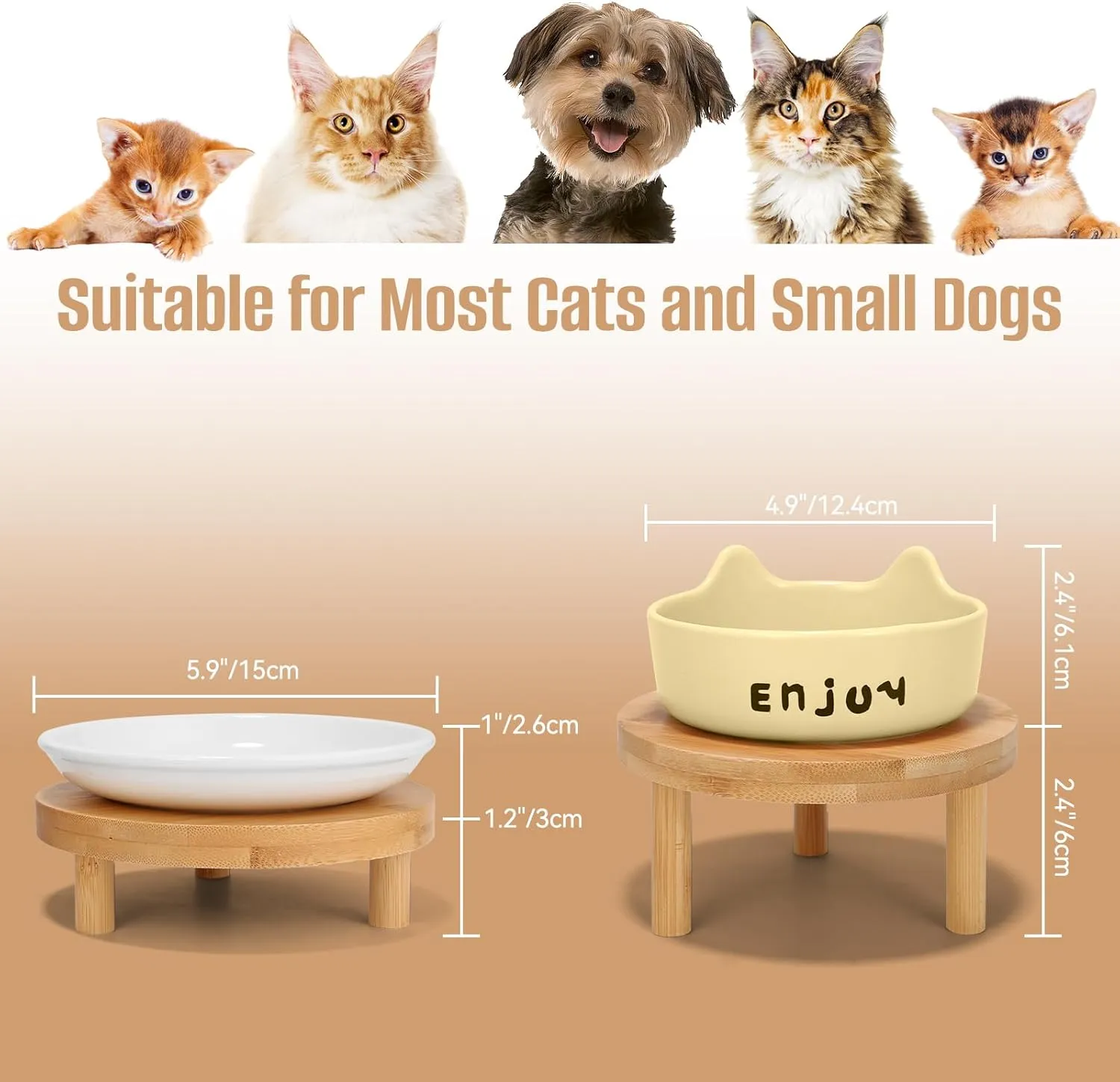 3PCS Elevated Cat Bowls with Silicone Slow Food Dispenser,Wide Raised Ceramic Cat Dishes with Bamboo Stand, Whisker Friendly Pet Water or Food Plates Feeding Station for Indoor Cats, Kitten