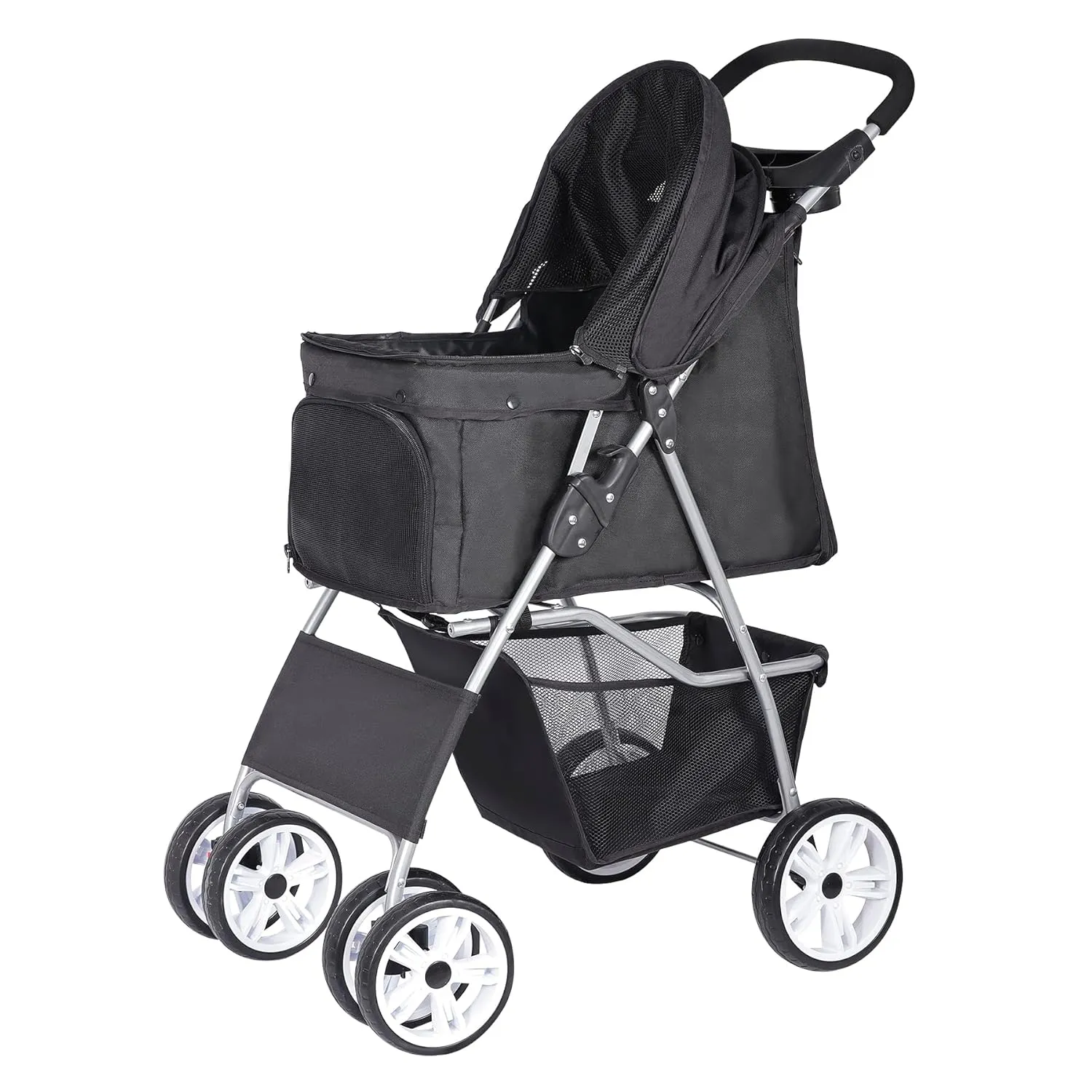 4 Wheels Foldable Pet Dog Cat Jogger Stroller Travel Carrier Strolling Cart w/Waterproof Cover Storage Basket Cup Holder & Removable Liner for Medium Small Cat Dog, Black