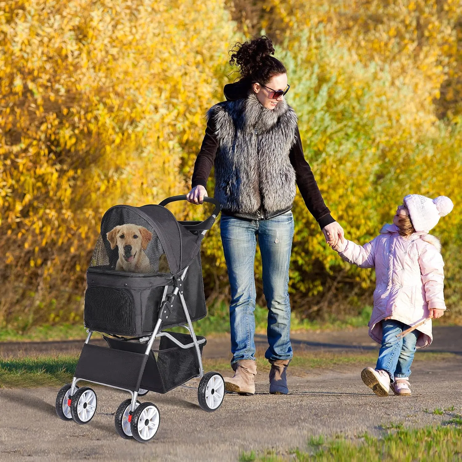 4 Wheels Foldable Pet Dog Cat Jogger Stroller Travel Carrier Strolling Cart w/Waterproof Cover Storage Basket Cup Holder & Removable Liner for Medium Small Cat Dog, Black