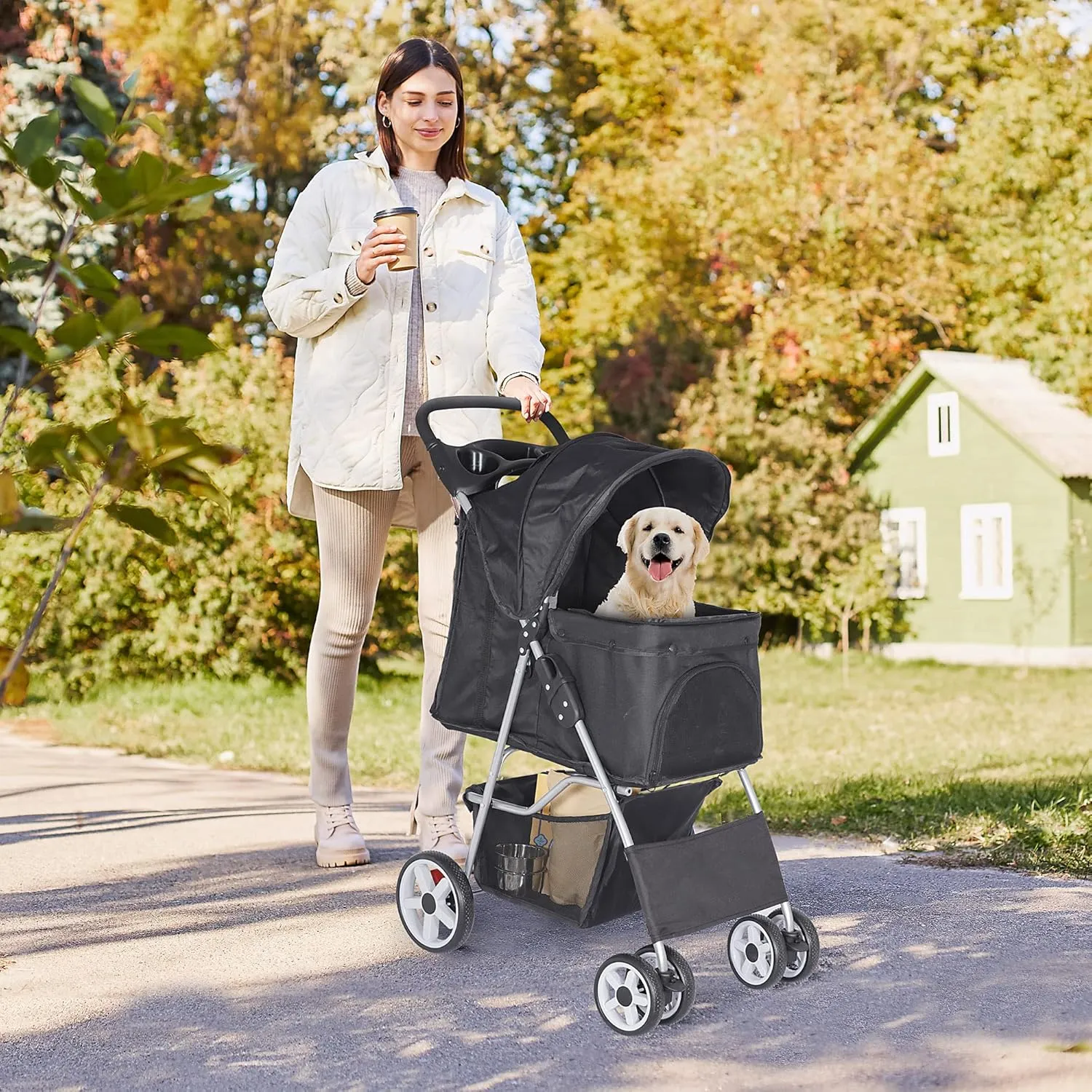 4 Wheels Foldable Pet Dog Cat Jogger Stroller Travel Carrier Strolling Cart w/Waterproof Cover Storage Basket Cup Holder & Removable Liner for Medium Small Cat Dog, Black