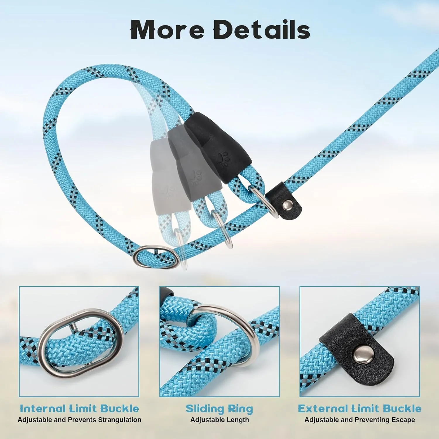 6 FT Dog Training Leash Durability No Pull Polyester Loop Dog Lead Rope with Two Padded Handles and Reflective Thread for Small and Medium Dogs, Blue