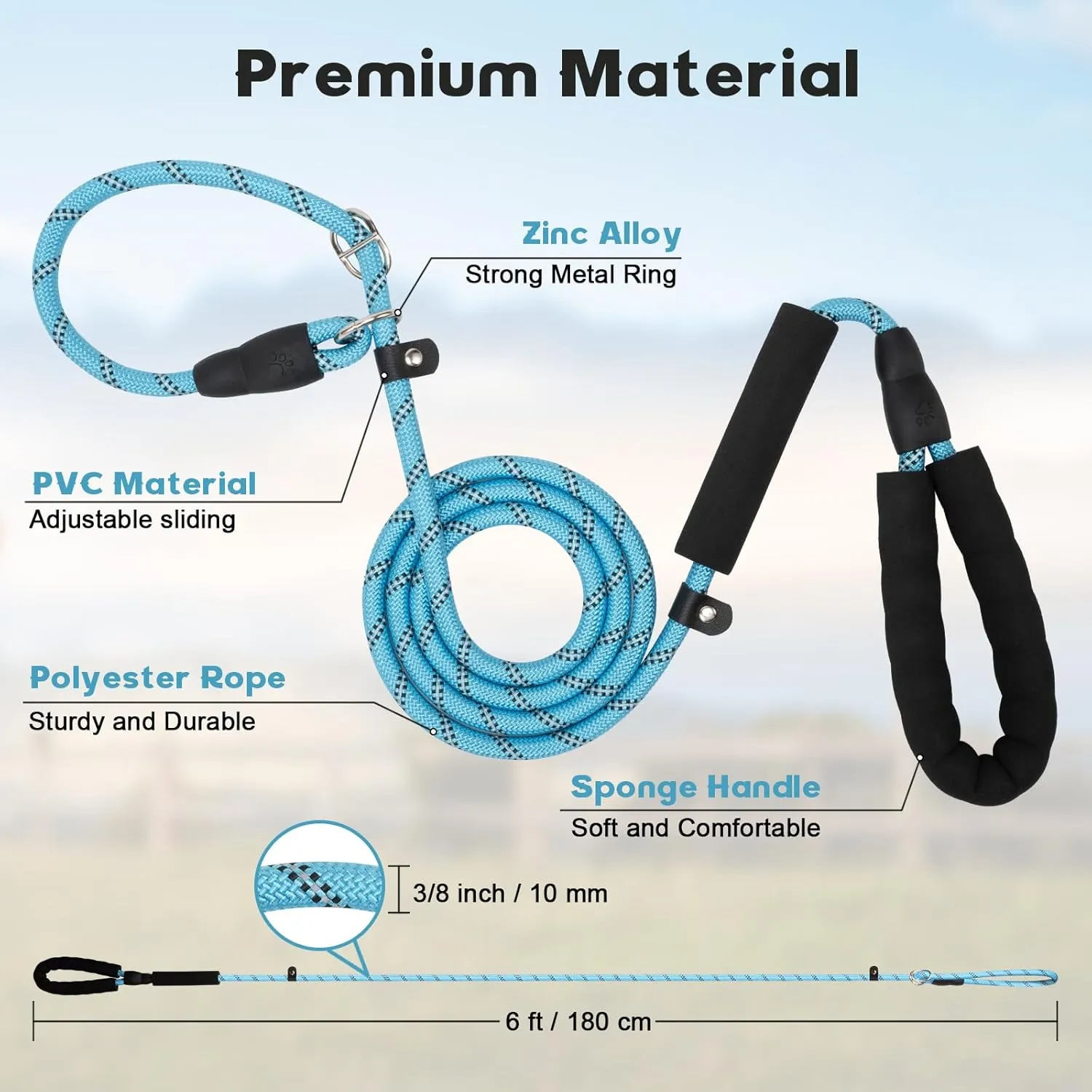 6 FT Dog Training Leash Durability No Pull Polyester Loop Dog Lead Rope with Two Padded Handles and Reflective Thread for Small and Medium Dogs, Blue