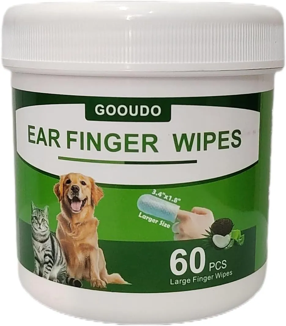 60 Ear Finger Wipes for Dogs & Cats - Dog Ear Cleaner, Grooming Kit Care, Soft & Easy Otic Cleaning Pads, Remove Wax, Dirt & Stop Smelly, Itchy, Coconut Scent