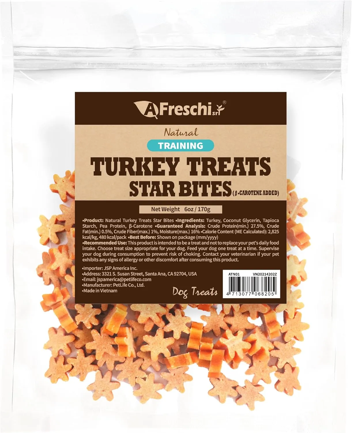 Afreschi Natural Turkey Treats Star Bites 6 oz, Hexagonal Shape, USA-Sourced, All-Natural, Hypoallergenic, Low-Fat, Healthy & Easily Digestible, Puppy & Training Snack & Small Dogs