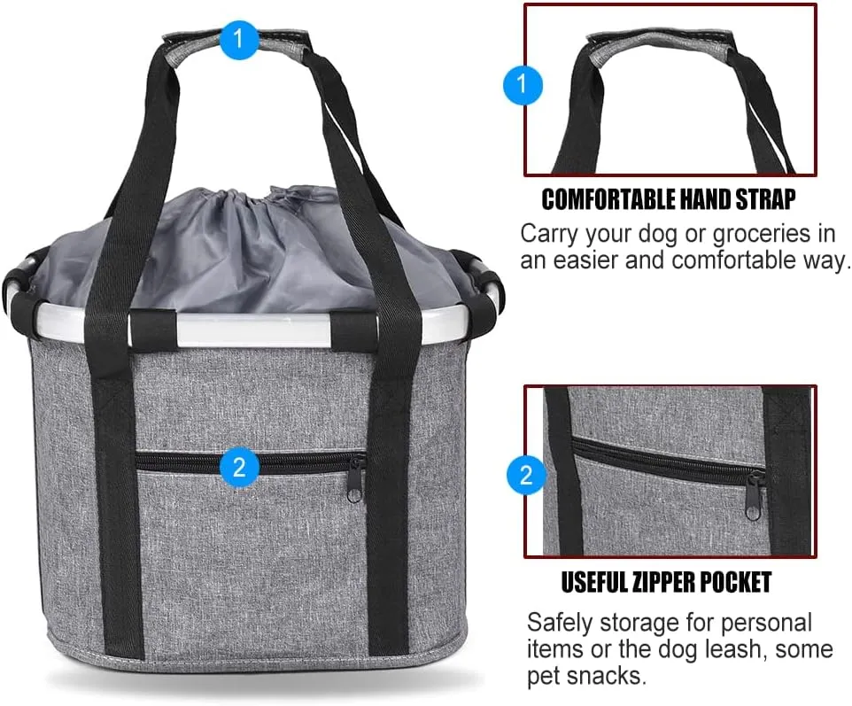Bike Basket,Dog Bike Basket with Zipper Pocket | Detachable Bicycle Front Dog Carrier with Handle Bike Accessories for Women Pet Grocery Shopping Picnic