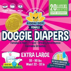 Bodhi Dog Disposable Female Dog Diapers - Super Absorbent Dog Diapers for Female Heat Cycle - Adjustable Fit Pee Wraps for Potty Training, Moisture Control & Wetness Indicator - Extra Large (20 Count)