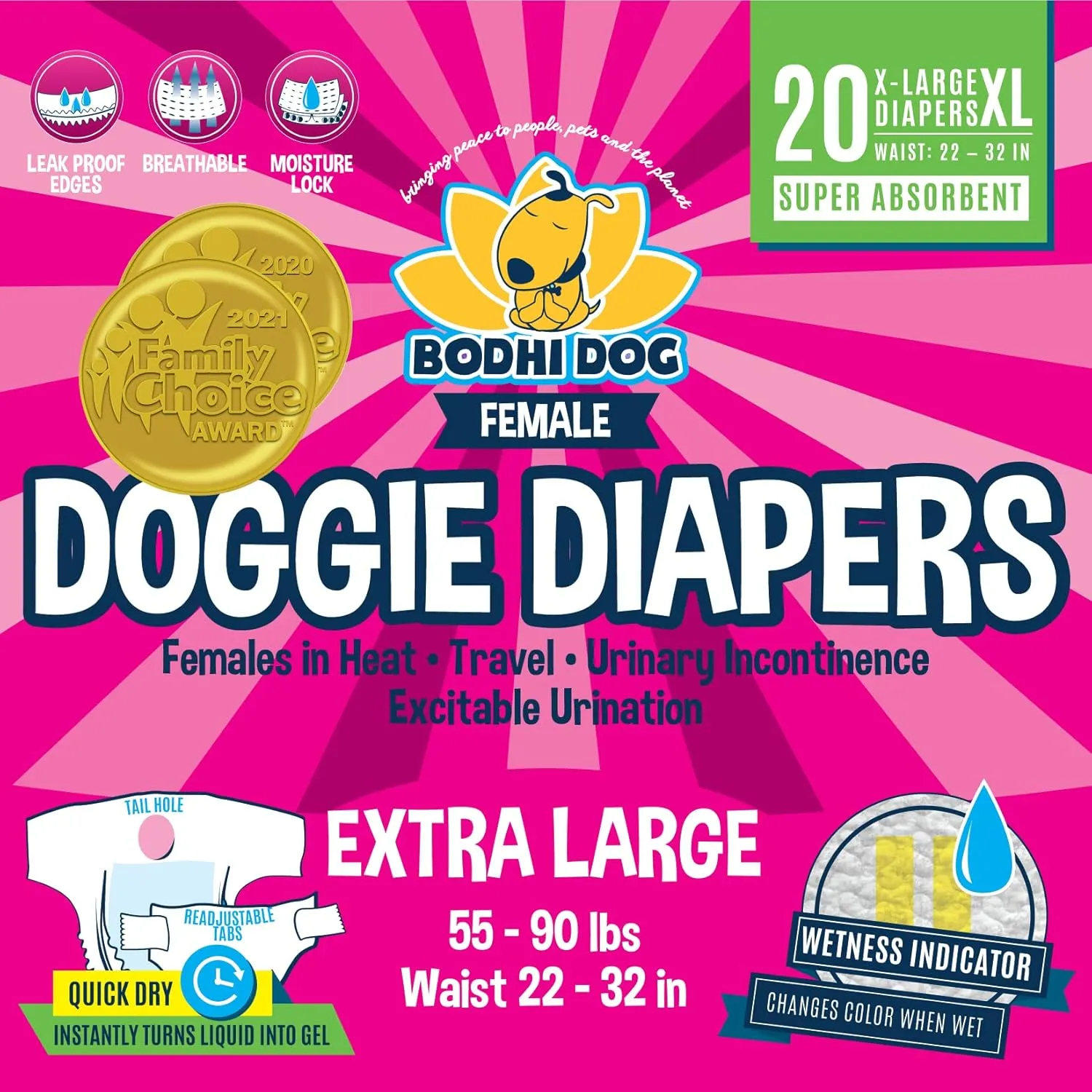 Bodhi Dog Disposable Female Dog Diapers - Super Absorbent Dog Diapers for Female Heat Cycle - Adjustable Fit Pee Wraps for Potty Training, Moisture Control & Wetness Indicator - Extra Large (20 Count)