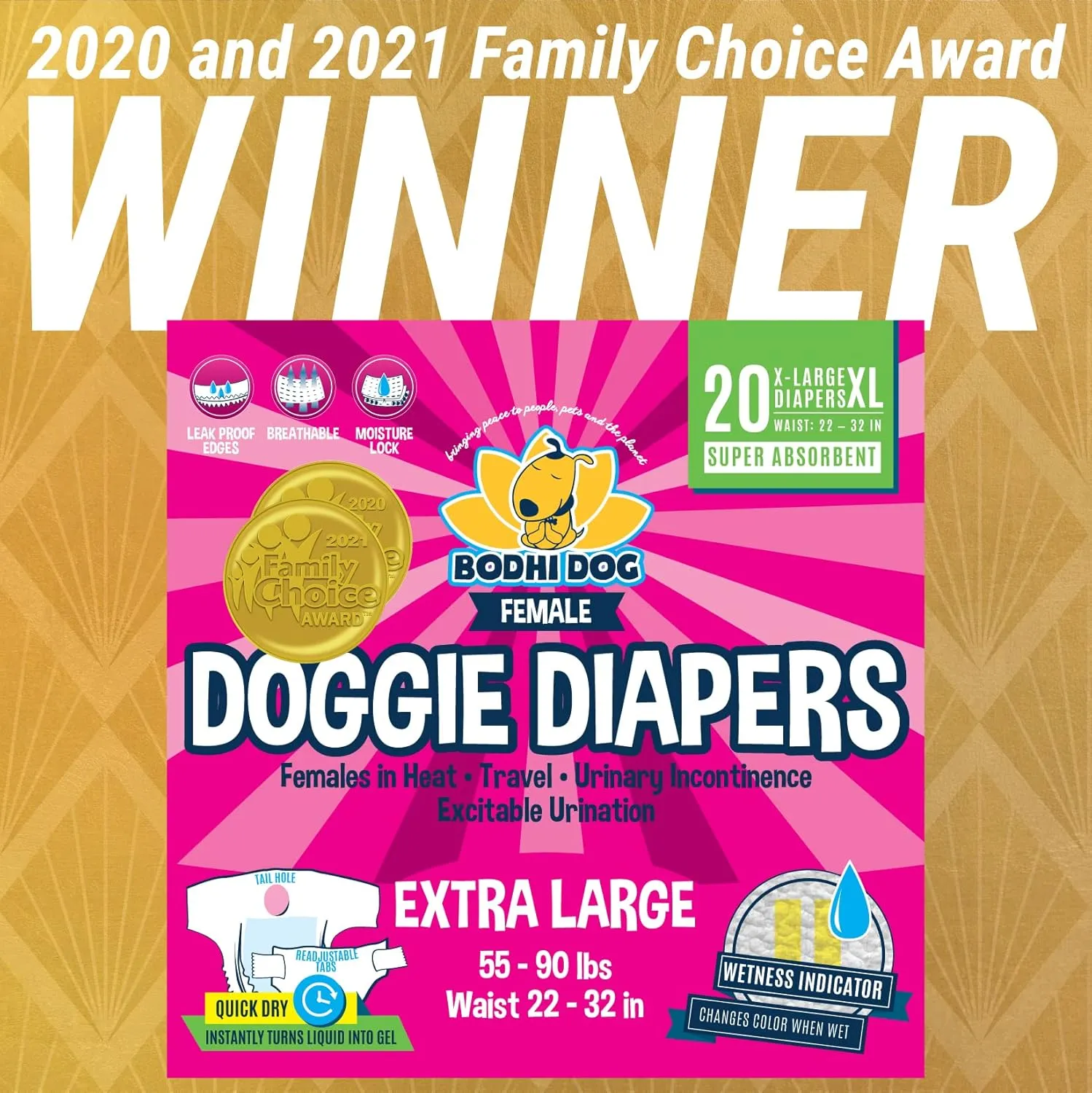 Bodhi Dog Disposable Female Dog Diapers - Super Absorbent Dog Diapers for Female Heat Cycle - Adjustable Fit Pee Wraps for Potty Training, Moisture Control & Wetness Indicator - Extra Large (20 Count)