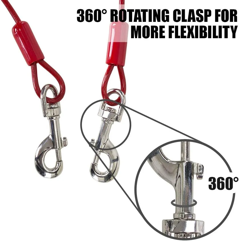 BV Dog Tie Out Cable 30 Feet - Heavy Duty Dog Lead Up to 125 Pounds - Reflective & Rust-Free with Quick Release Swivel Clips & 360 Rotating Clasp - Tangle-Free Dogs Runner for Yard (Red, Single)