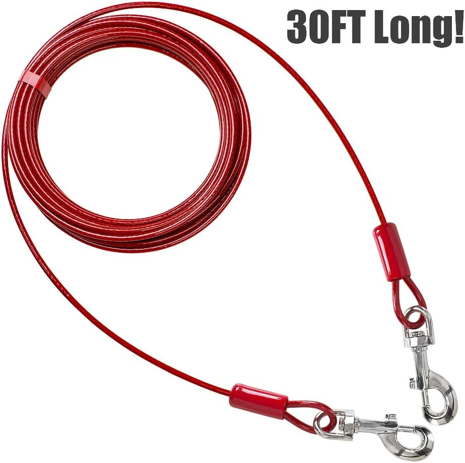 BV Dog Tie Out Cable 30 Feet - Heavy Duty Dog Lead Up to 125 Pounds - Reflective & Rust-Free with Quick Release Swivel Clips & 360 Rotating Clasp - Tangle-Free Dogs Runner for Yard (Red, Single)