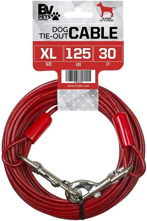 BV Dog Tie Out Cable 30 Feet - Heavy Duty Dog Lead Up to 125 Pounds - Reflective & Rust-Free with Quick Release Swivel Clips & 360 Rotating Clasp - Tangle-Free Dogs Runner for Yard (Red, Single)
