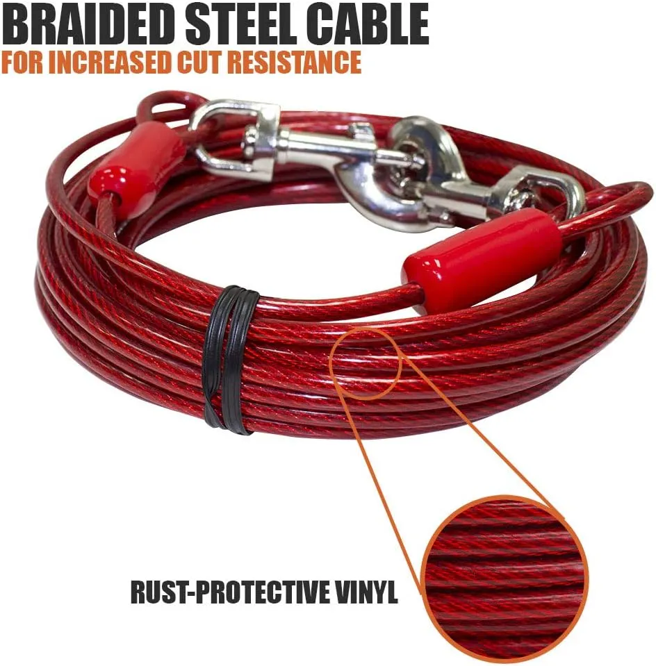 BV Dog Tie Out Cable 30 Feet - Heavy Duty Dog Lead Up to 125 Pounds - Reflective & Rust-Free with Quick Release Swivel Clips & 360 Rotating Clasp - Tangle-Free Dogs Runner for Yard (Red, Single)