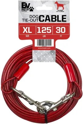 BV Dog Tie Out Cable 30 Feet - Heavy Duty Dog Lead Up to 125 Pounds - Reflective & Rust-Free with Quick Release Swivel Clips & 360 Rotating Clasp - Tangle-Free Dogs Runner for Yard (Red, Single)