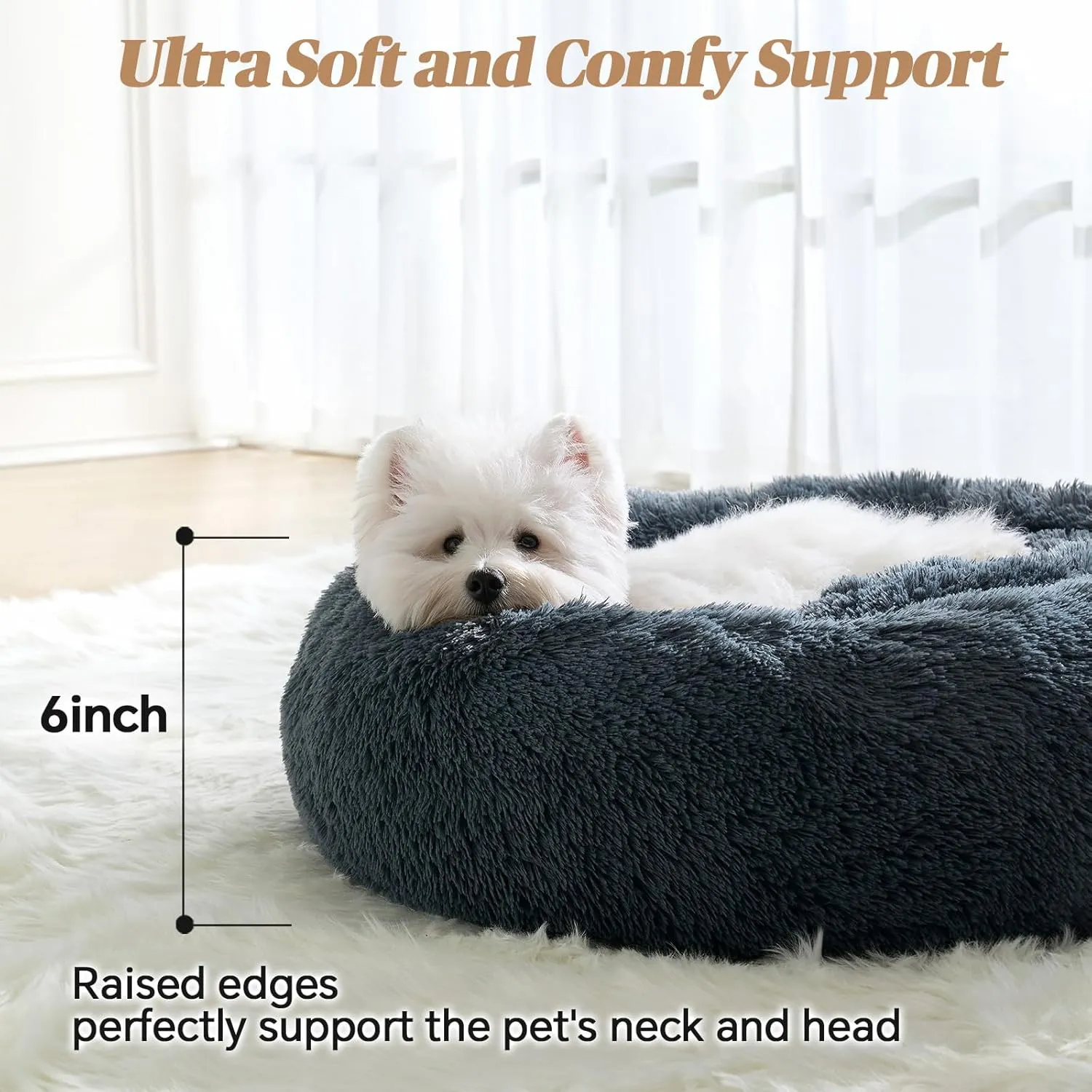 Calming Small Dog Bed, Donut Fluffy Anti-Anxiety Round Washable Cute Bed, Plush Cozy Cuddler Warming Soft Comfort Pet Bed for Small Medium Dogs Cats, 20inch,Dark Grey