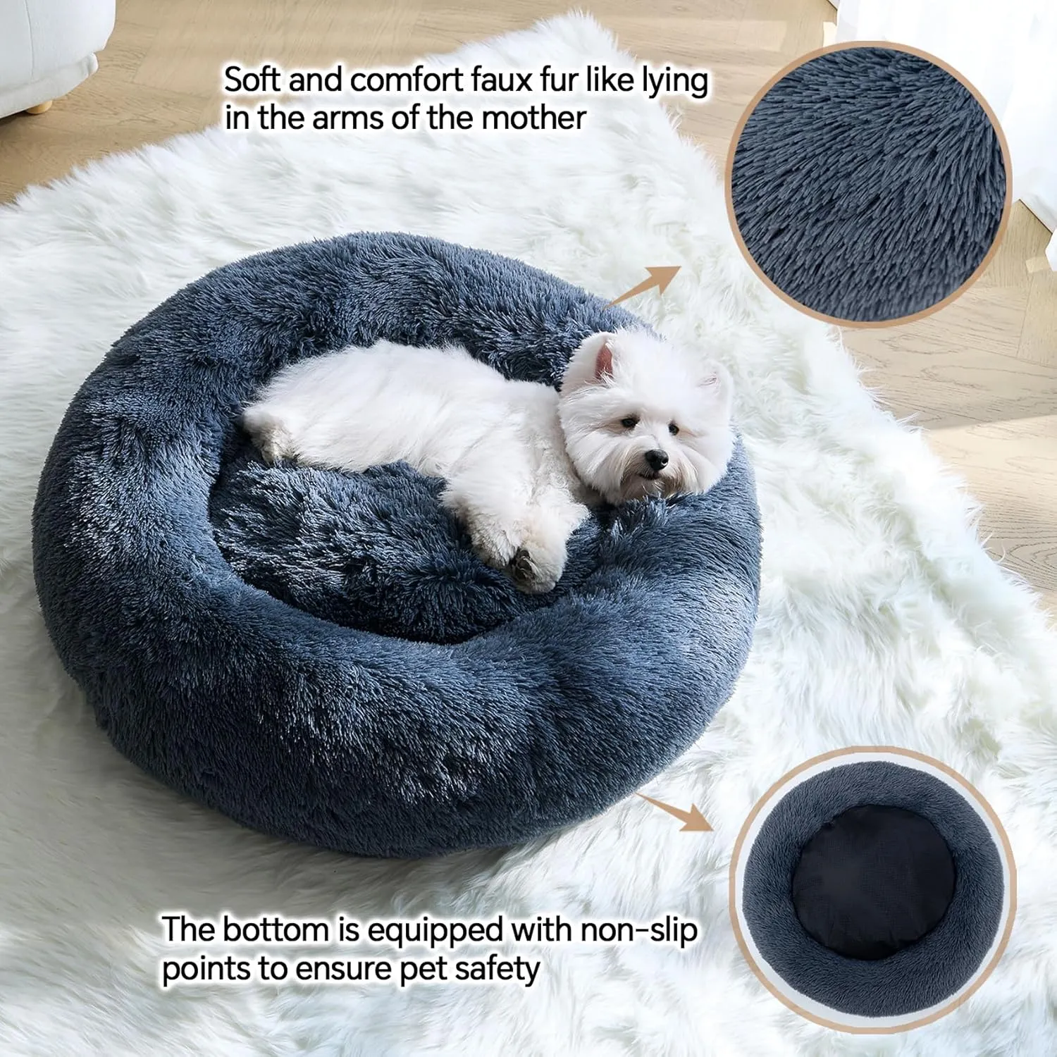 Calming Small Dog Bed, Donut Fluffy Anti-Anxiety Round Washable Cute Bed, Plush Cozy Cuddler Warming Soft Comfort Pet Bed for Small Medium Dogs Cats, 20inch,Dark Grey