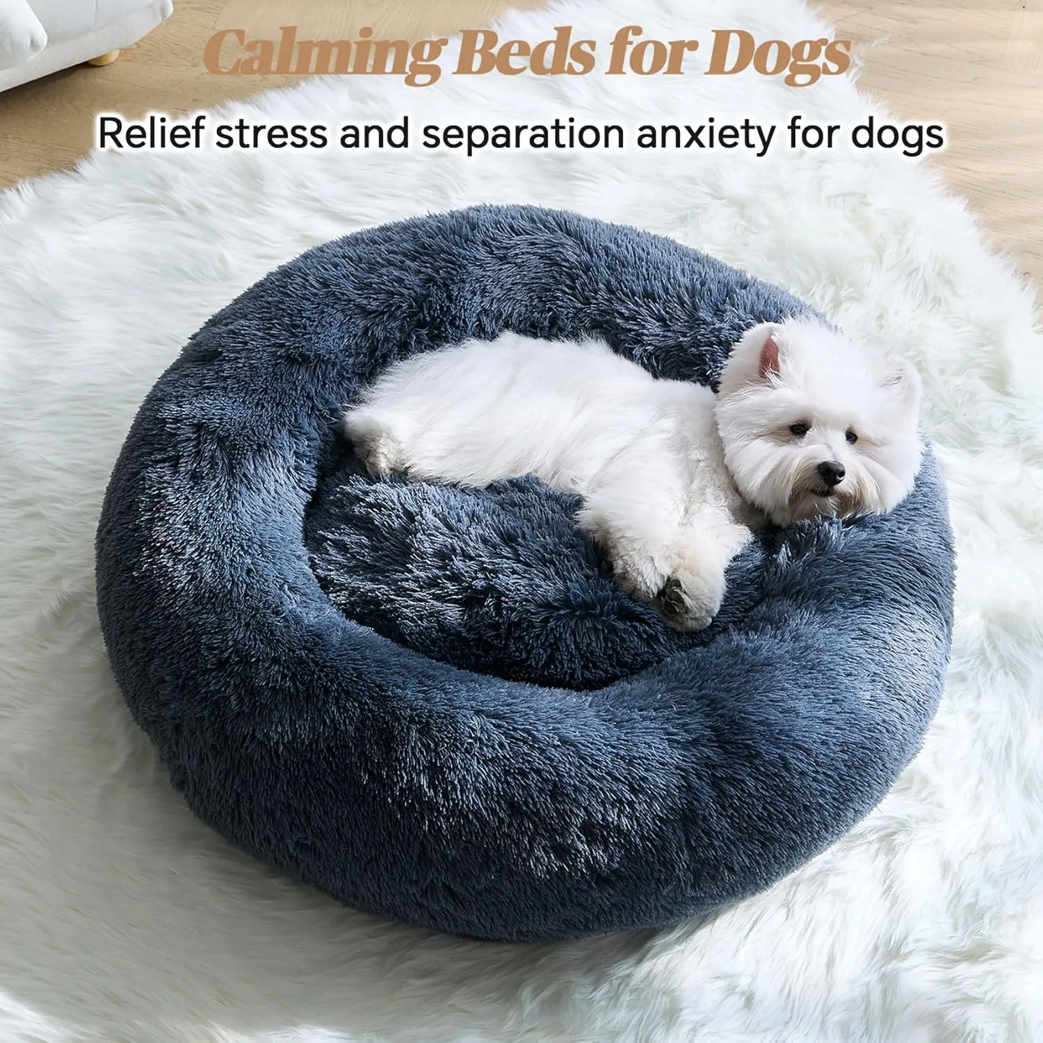 Calming Small Dog Bed, Donut Fluffy Anti-Anxiety Round Washable Cute Bed, Plush Cozy Cuddler Warming Soft Comfort Pet Bed for Small Medium Dogs Cats, 20inch,Dark Grey