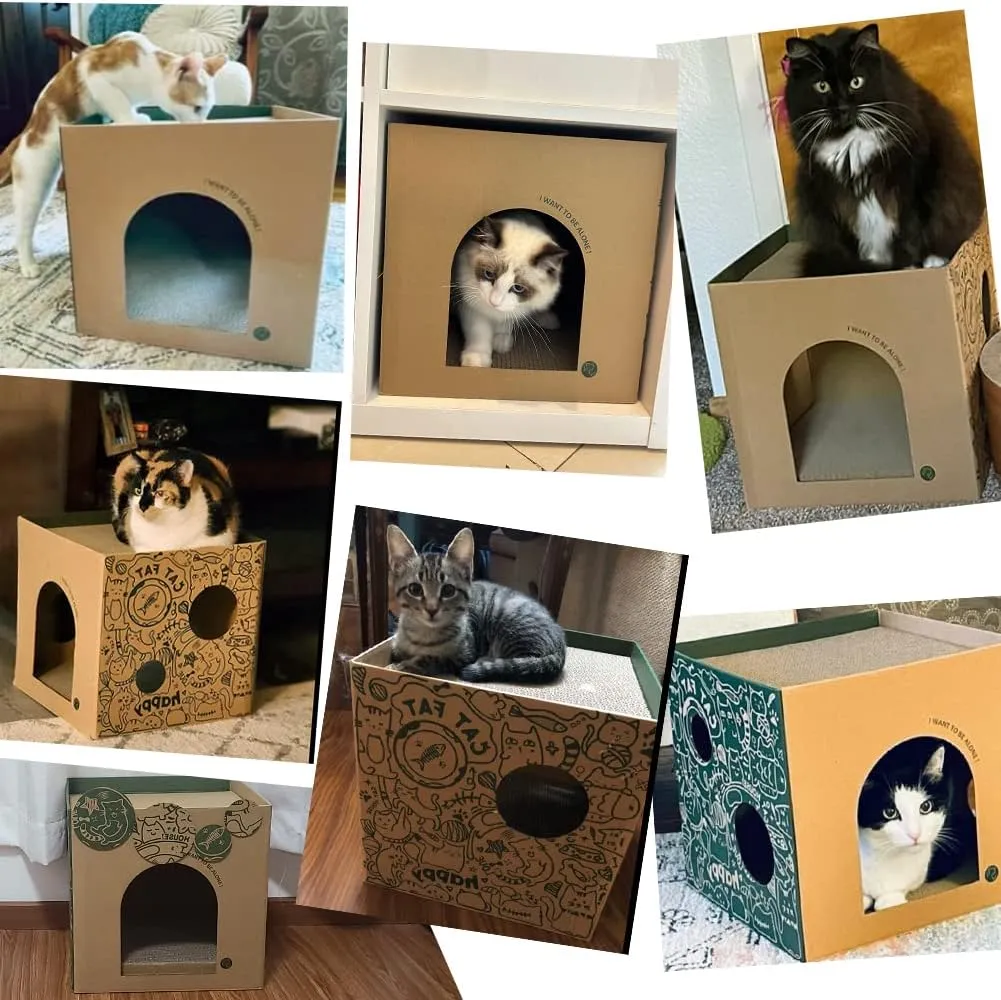 Cardboard Cat House with 2 Story Scratch Pads - Indoor Cat Play House, Corrugated Scratcher Box, Hideout for Small Animals