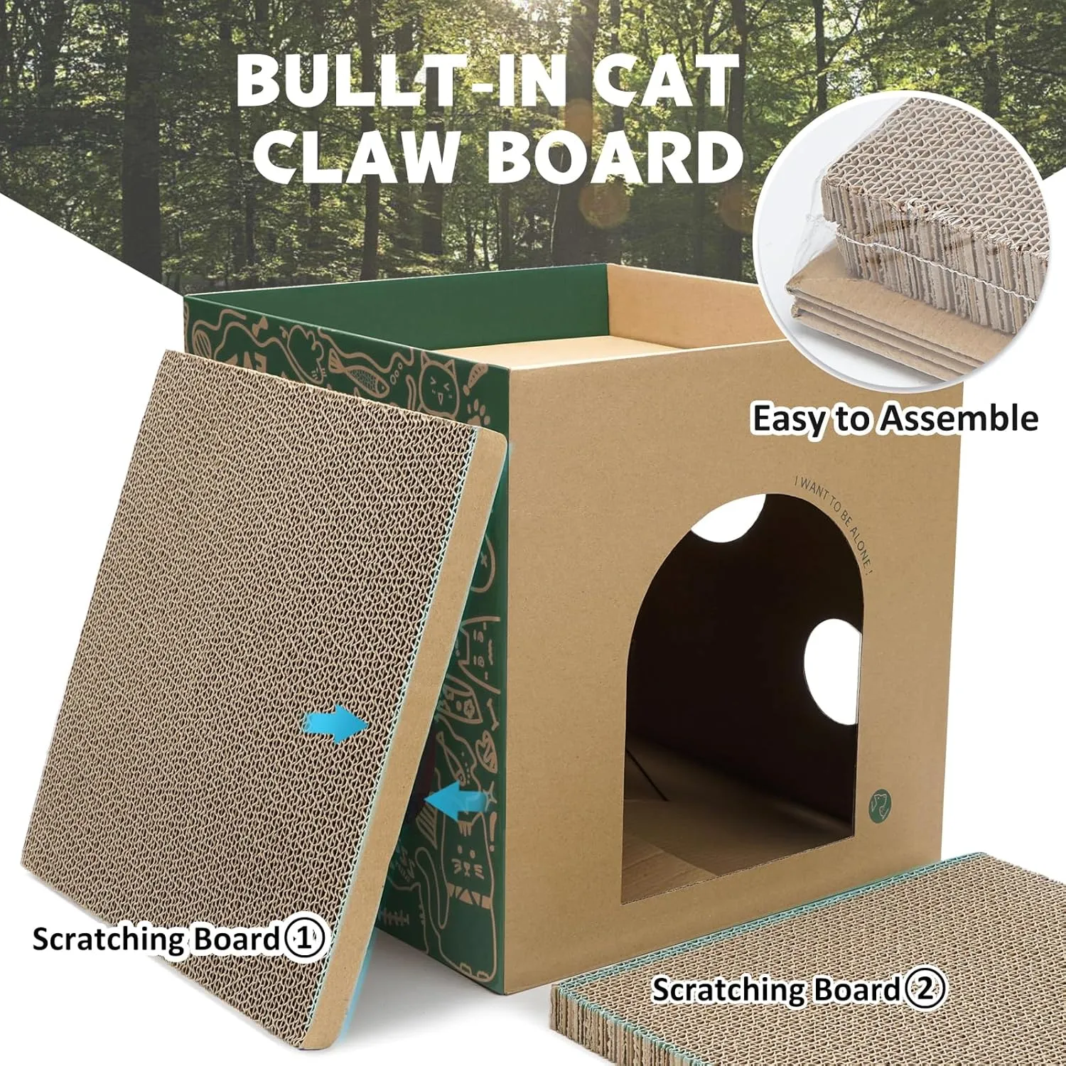 Cardboard Cat House with 2 Story Scratch Pads - Indoor Cat Play House, Corrugated Scratcher Box, Hideout for Small Animals