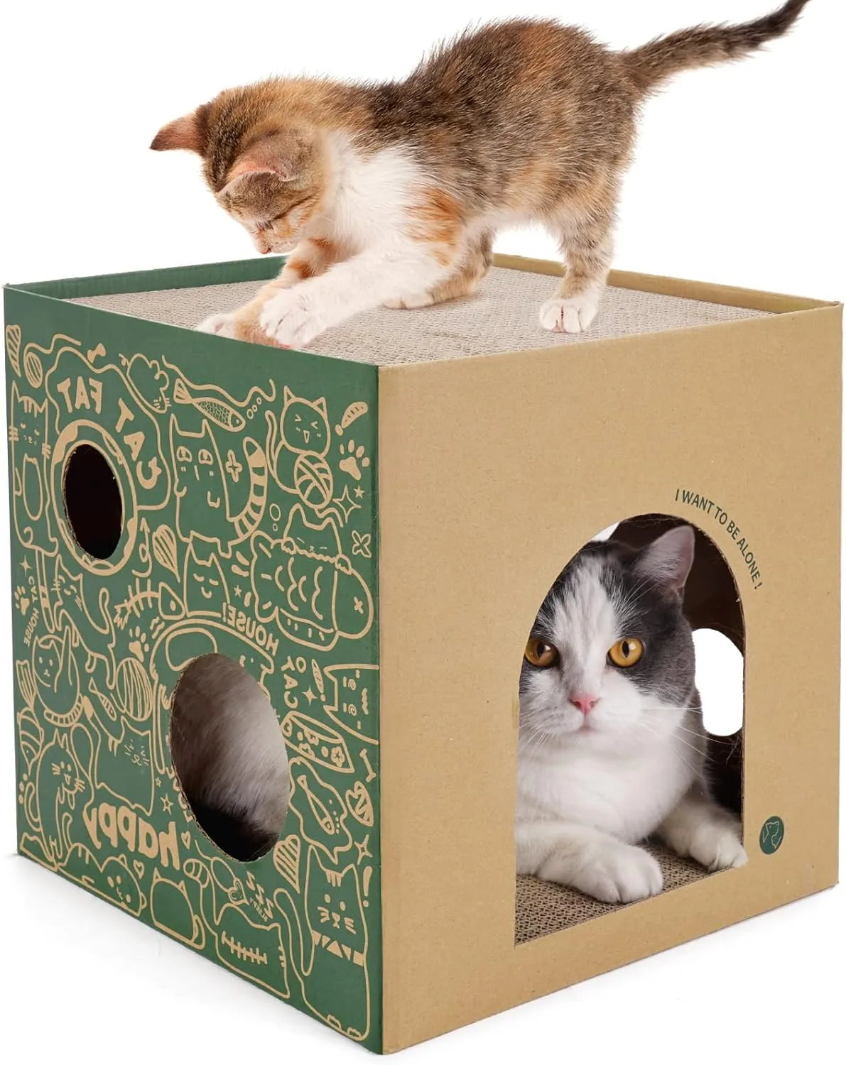 Cardboard Cat House with 2 Story Scratch Pads - Indoor Cat Play House, Corrugated Scratcher Box, Hideout for Small Animals