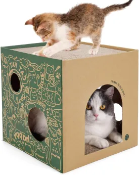 Cardboard Cat House with 2 Story Scratch Pads - Indoor Cat Play House, Corrugated Scratcher Box, Hideout for Small Animals