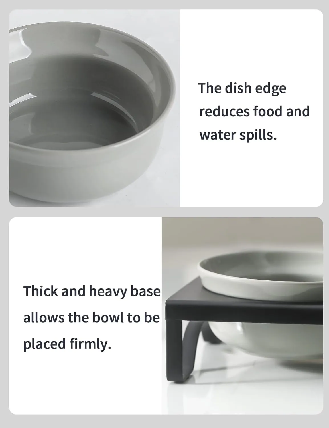 Ceramic Grey Dog Bowl Set - 6 inch Wide Pet Food & Water Bowls, Elevated Feeding Porcelain with Metal Stand for Indoor Cats and Medium Dog,2 Bowls 1 Stand Set for Wet and Dry Food