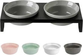 Ceramic Grey Dog Bowl Set - 6 inch Wide Pet Food & Water Bowls, Elevated Feeding Porcelain with Metal Stand for Indoor Cats and Medium Dog,2 Bowls 1 Stand Set for Wet and Dry Food