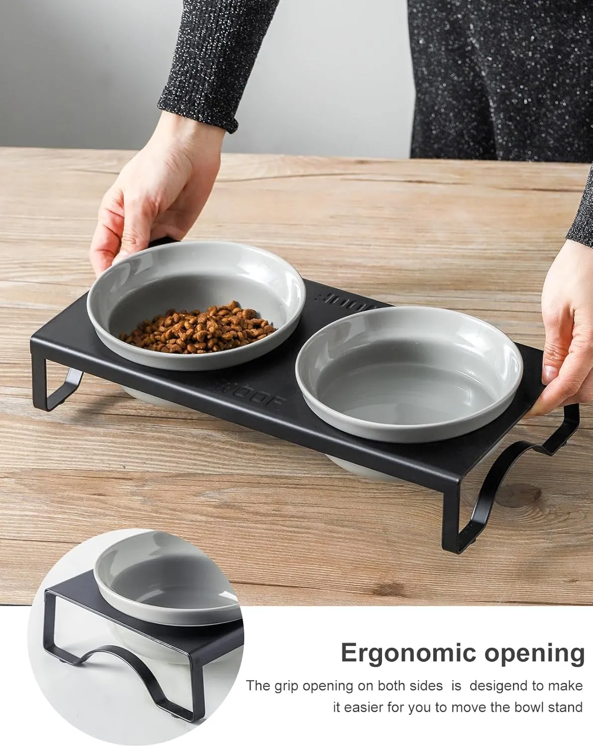 Ceramic Grey Dog Bowl Set - 6 inch Wide Pet Food & Water Bowls, Elevated Feeding Porcelain with Metal Stand for Indoor Cats and Medium Dog,2 Bowls 1 Stand Set for Wet and Dry Food