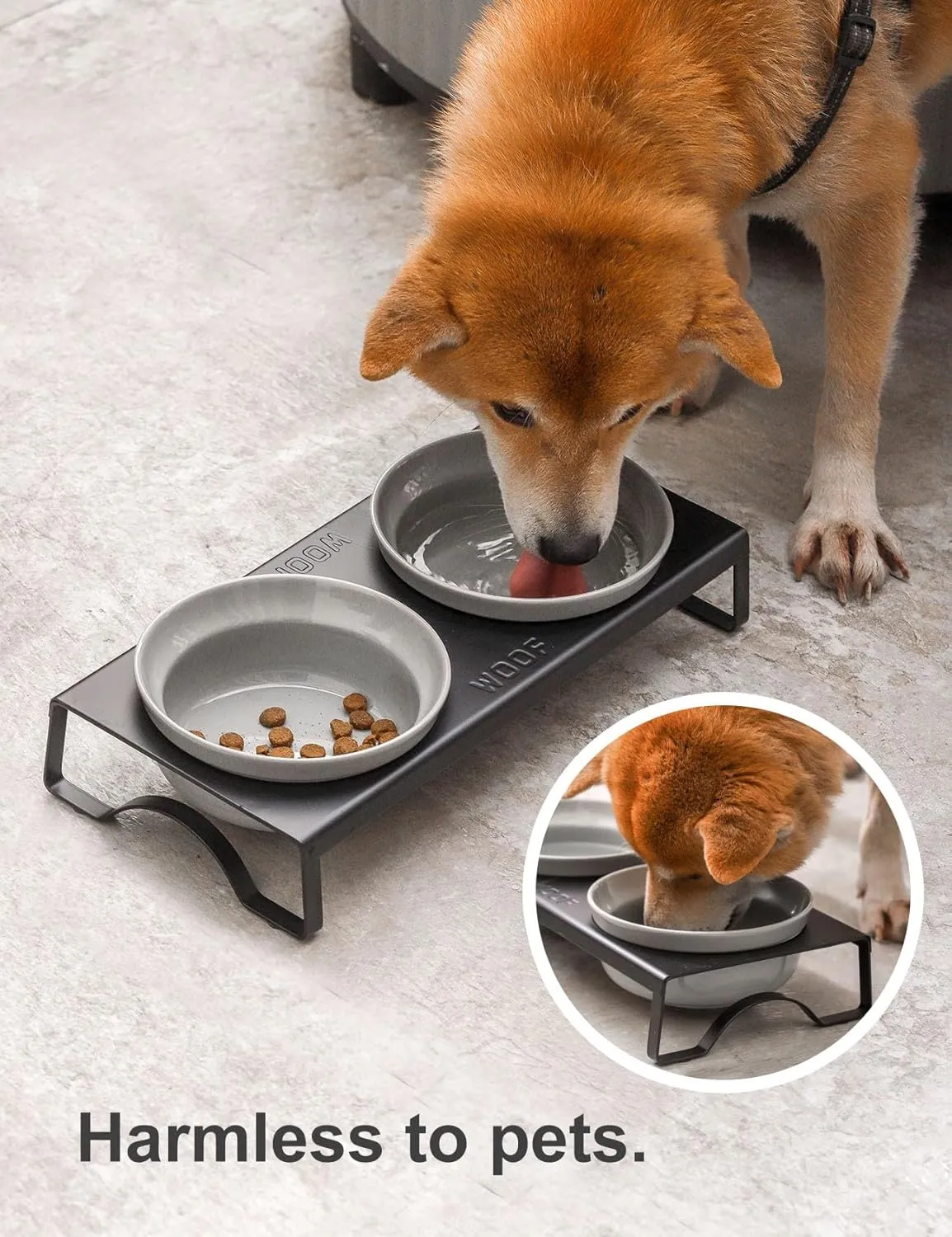 Ceramic Grey Dog Bowl Set - 6 inch Wide Pet Food & Water Bowls, Elevated Feeding Porcelain with Metal Stand for Indoor Cats and Medium Dog,2 Bowls 1 Stand Set for Wet and Dry Food