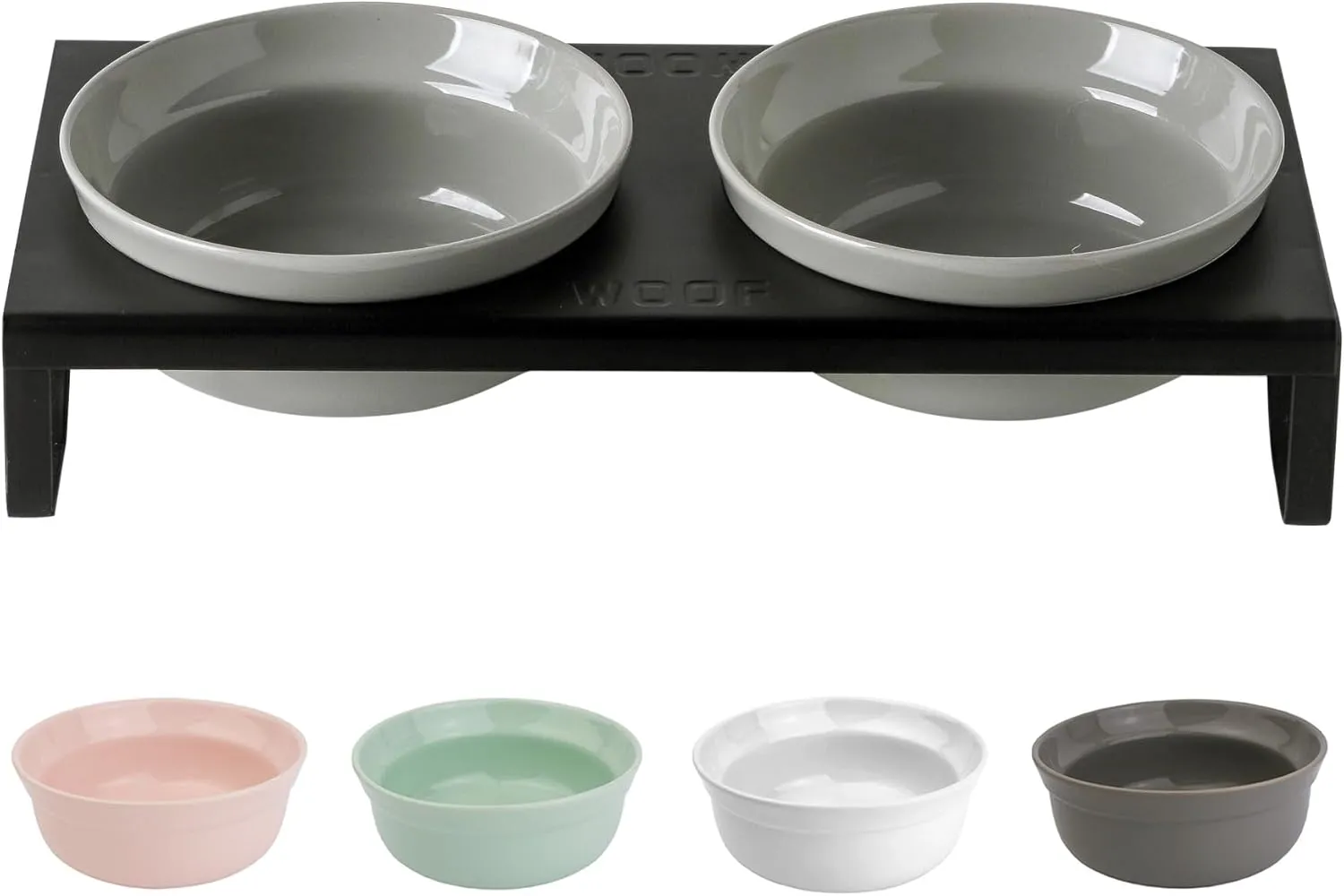 Ceramic Grey Dog Bowl Set - 6 inch Wide Pet Food & Water Bowls, Elevated Feeding Porcelain with Metal Stand for Indoor Cats and Medium Dog,2 Bowls 1 Stand Set for Wet and Dry Food
