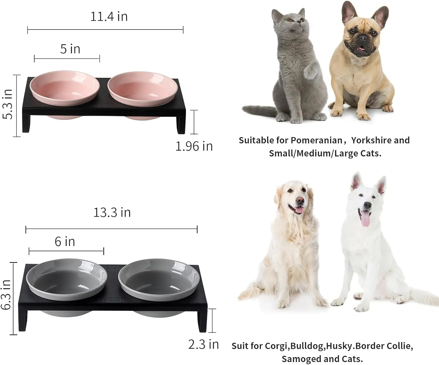 Ceramic Grey Dog Bowl Set - 6 inch Wide Pet Food & Water Bowls, Elevated Feeding Porcelain with Metal Stand for Indoor Cats and Medium Dog,2 Bowls 1 Stand Set for Wet and Dry Food