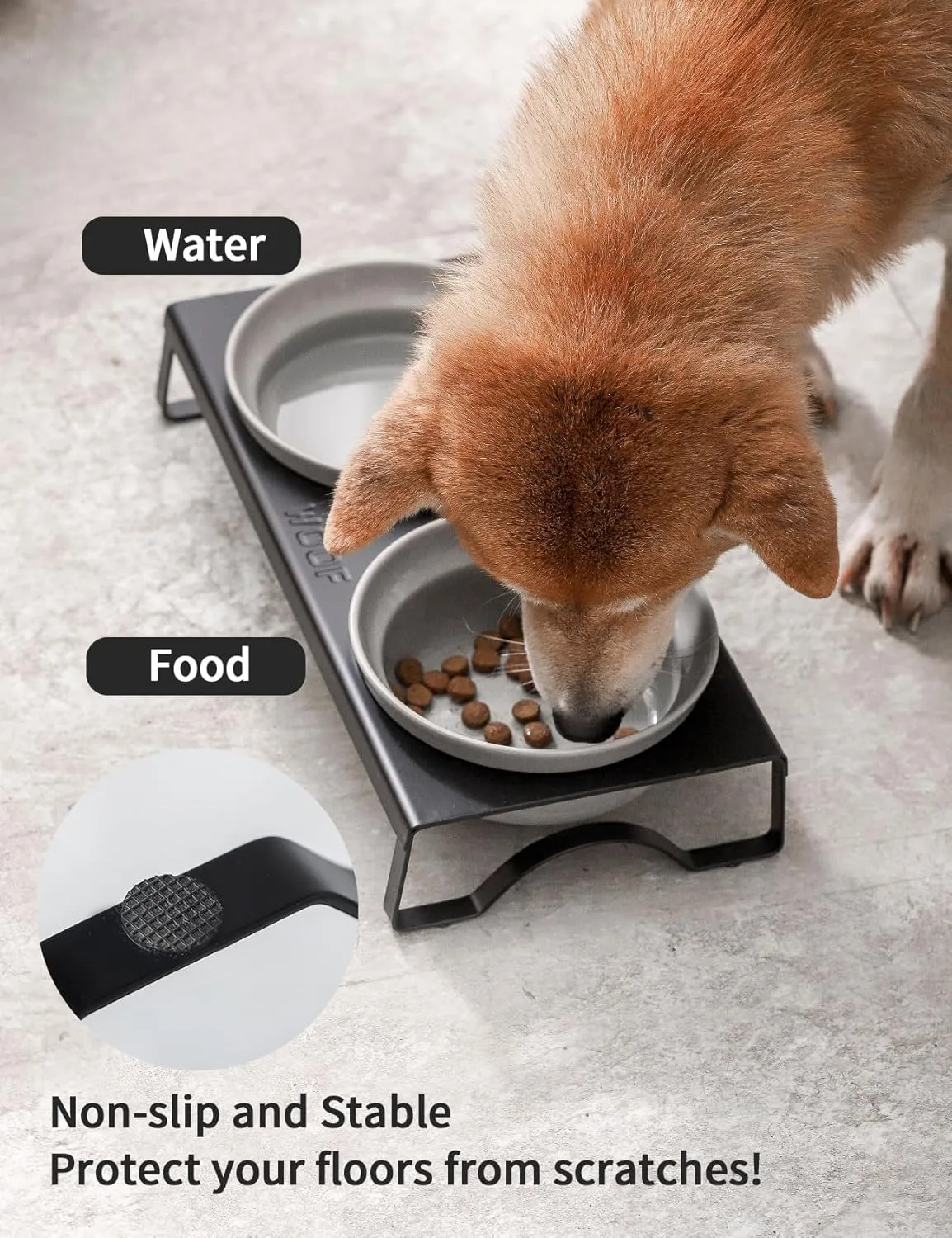 Ceramic Grey Dog Bowl Set - 6 inch Wide Pet Food & Water Bowls, Elevated Feeding Porcelain with Metal Stand for Indoor Cats and Medium Dog,2 Bowls 1 Stand Set for Wet and Dry Food