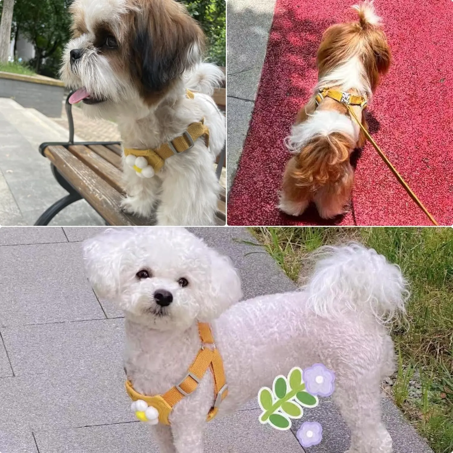 Dog Harness Backpack Cute Dog Vest Harness and Leash Set Plaid Soft Mesh Flower Pattern Dog Harness with Adjustable Travel Leash for Puppy Tiny Small Medium Dogs (Small, Yellow Flower)