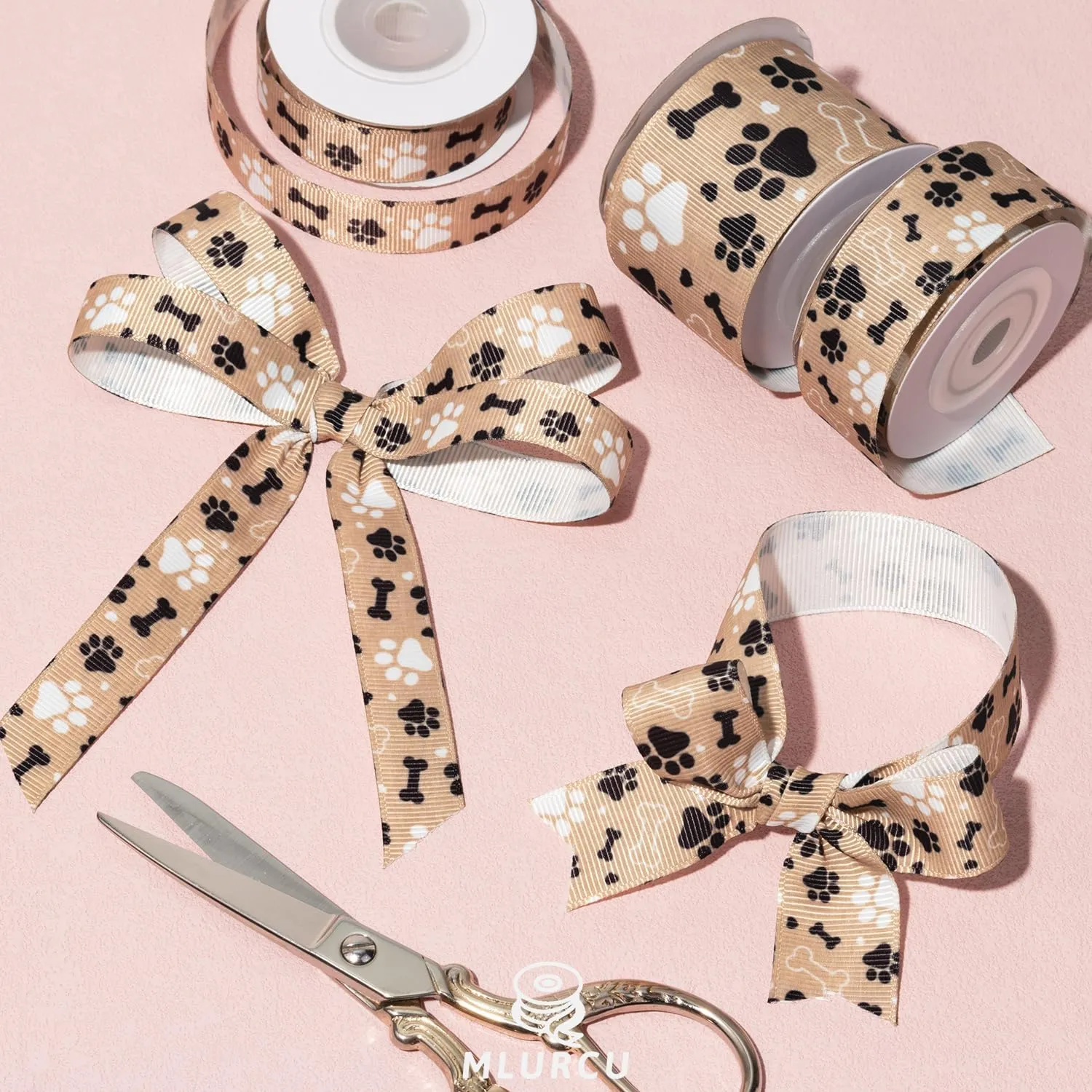 Dog Paw Print and Bone Ribbon Set 3 Rolls Animal Print Grosgrain Ribbons 5/8", 7/8", 1.5", Pet Themed Puppy Party Favor Ribbon for Dog Gift Wrapping, Crafts, Bows, Treat Bags, Pet Decorations