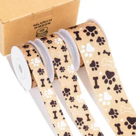 Dog Paw Print and Bone Ribbon Set 3 Rolls Animal Print Grosgrain Ribbons 5/8", 7/8", 1.5", Pet Themed Puppy Party Favor Ribbon for Dog Gift Wrapping, Crafts, Bows, Treat Bags, Pet Decorations