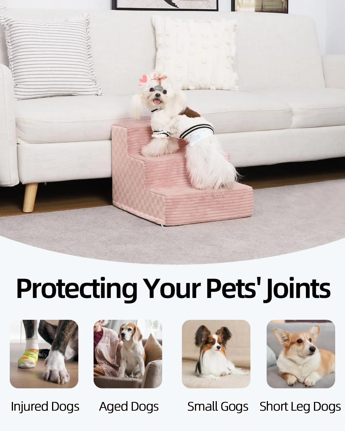 Dog Stairs for Small Dogs,17.5" H,4-Step Dog Steps for Bed and Couch with High Density Foam,Non-Slip Pet Steps for Doggy and Cat,Pet Stairs with a Washable Cover,Pink