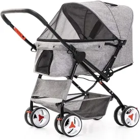 Dog Stroller for Medium Dogs 4 Wheel Cat/Dog Strollers Easy Onehand Fold Reversible Push Handle Dog Buggy Puppy & Kitten Carrier Extended Cockpit 25in Gray