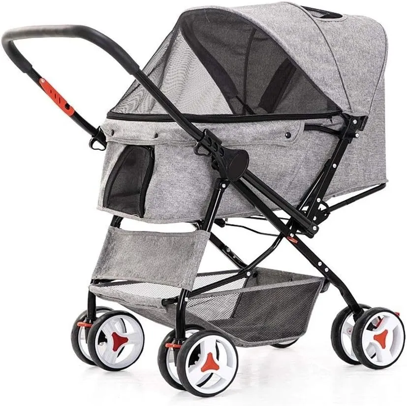 Dog Stroller for Medium Dogs 4 Wheel Cat/Dog Strollers Easy Onehand Fold Reversible Push Handle Dog Buggy Puppy & Kitten Carrier Extended Cockpit 25in Gray