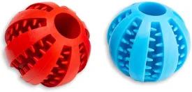 Durable Rubber Dog Ball- Two Pack Red and Blue - Interactive Treat Holder for Extreme Chewers - Durable Dog Toy