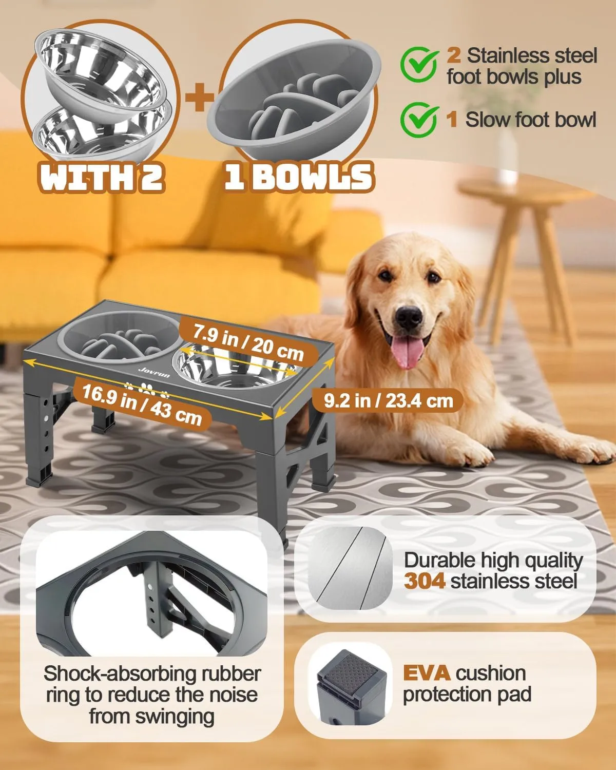 Elevated Dog Bowls, Dog Feeder with 2 Stainless Steel Dishes &1 Slow Feeder Bowl, 5 Heights Adjustable Raised Stand for Medium Large, Food Dishes with Non-Slip Feet